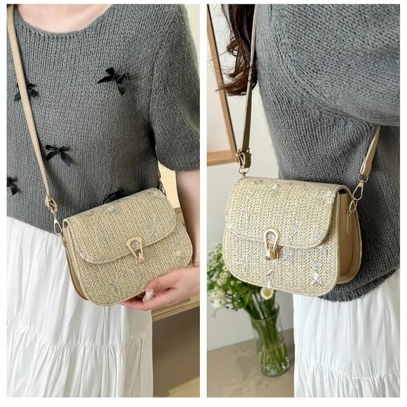 Women Small Embroidered Crossbody Braided Straw Bag Khaki Lightweight - Picture 5 of 7